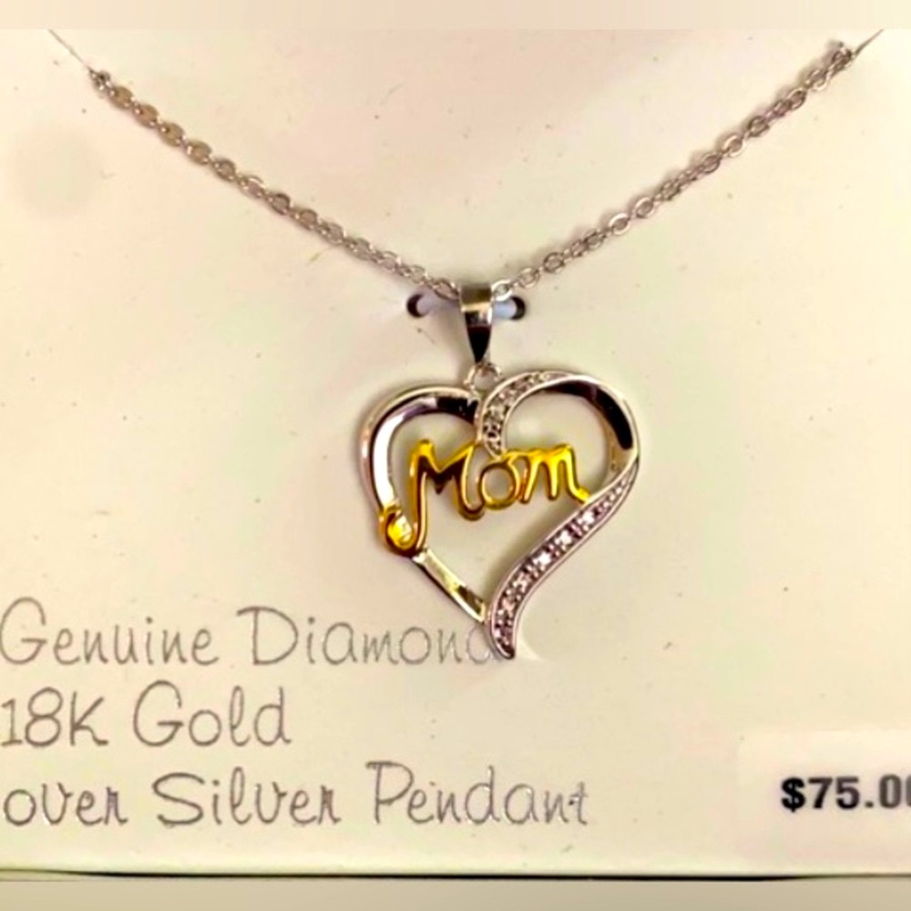 18k GOLD OVER STERLING SILVER GENUINE DIAMOND MOTHER’S HEART NE…